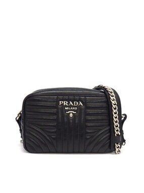 Prada Shoulder Bag Diamond Gram Chain Bag Black Leather Silver